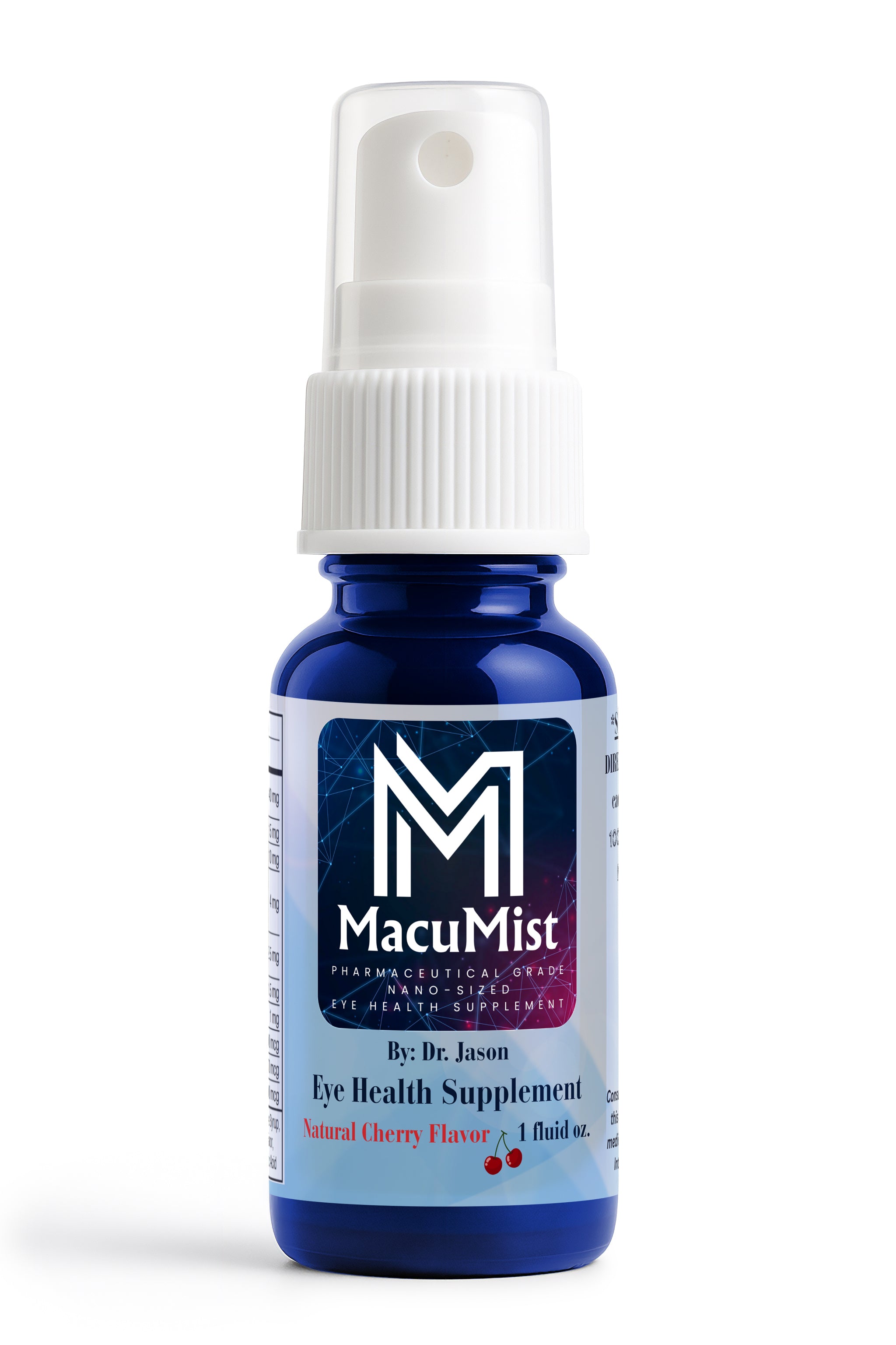 MacuMist eye health supplement spray bottle on a white background  eye health, bilberry, l-glutamine, l-lysine, persimmon, eyebright herb, lutein, zeaxanthin, astaxanthin, proanthocyanidins, lycopene, macumist, eye health supplement, vision health, macular, retinal, glaucoma, cataracts, floaters, dry eye.