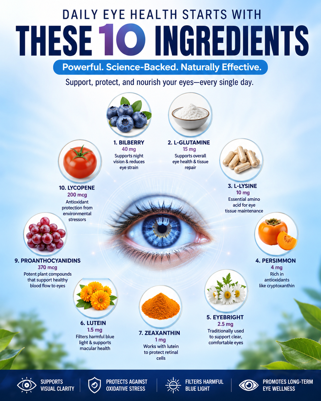Infographic on daily eye health with 10 ingredients and their benefits.