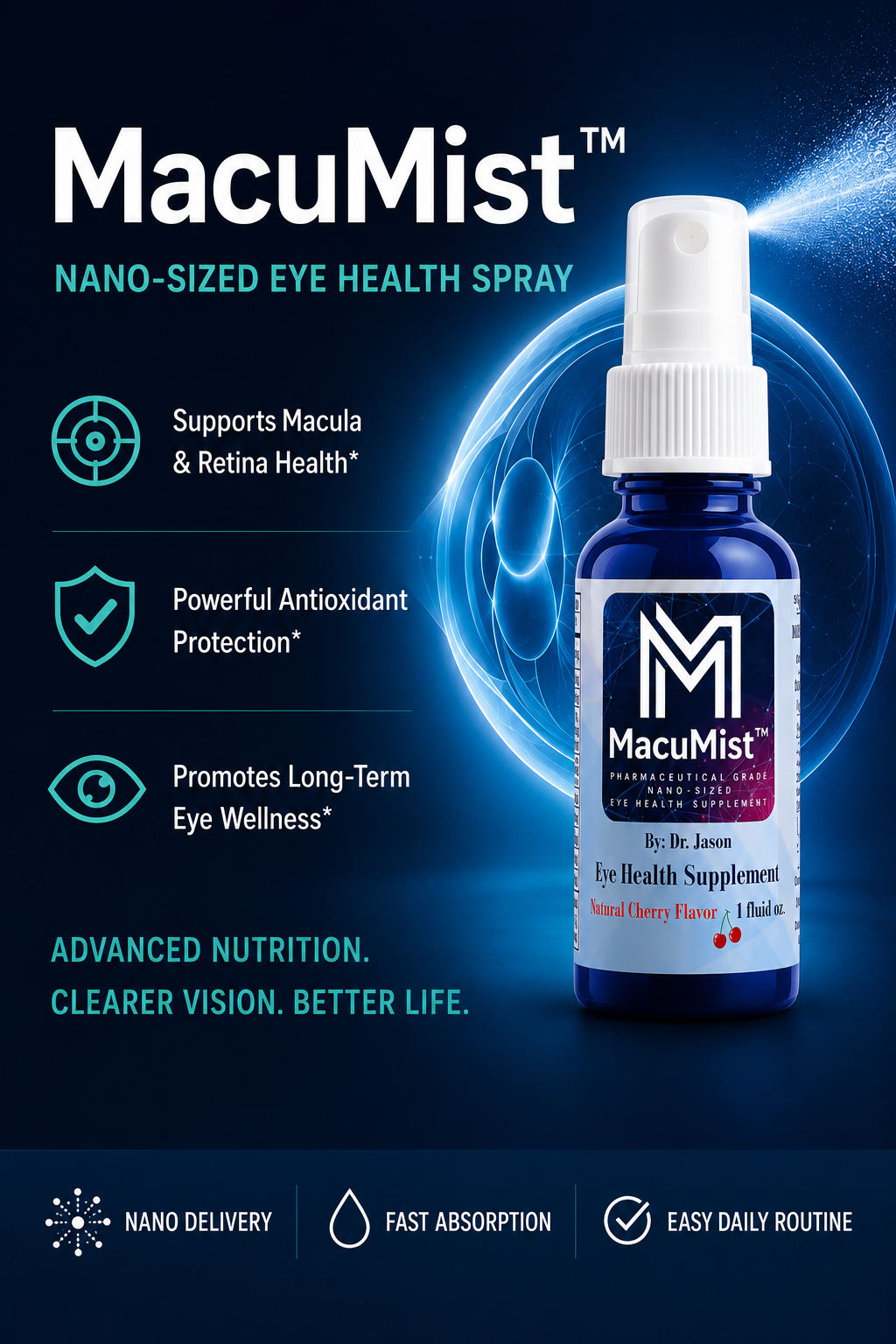 MacuMist eye health spray bottle with product features on a dark background