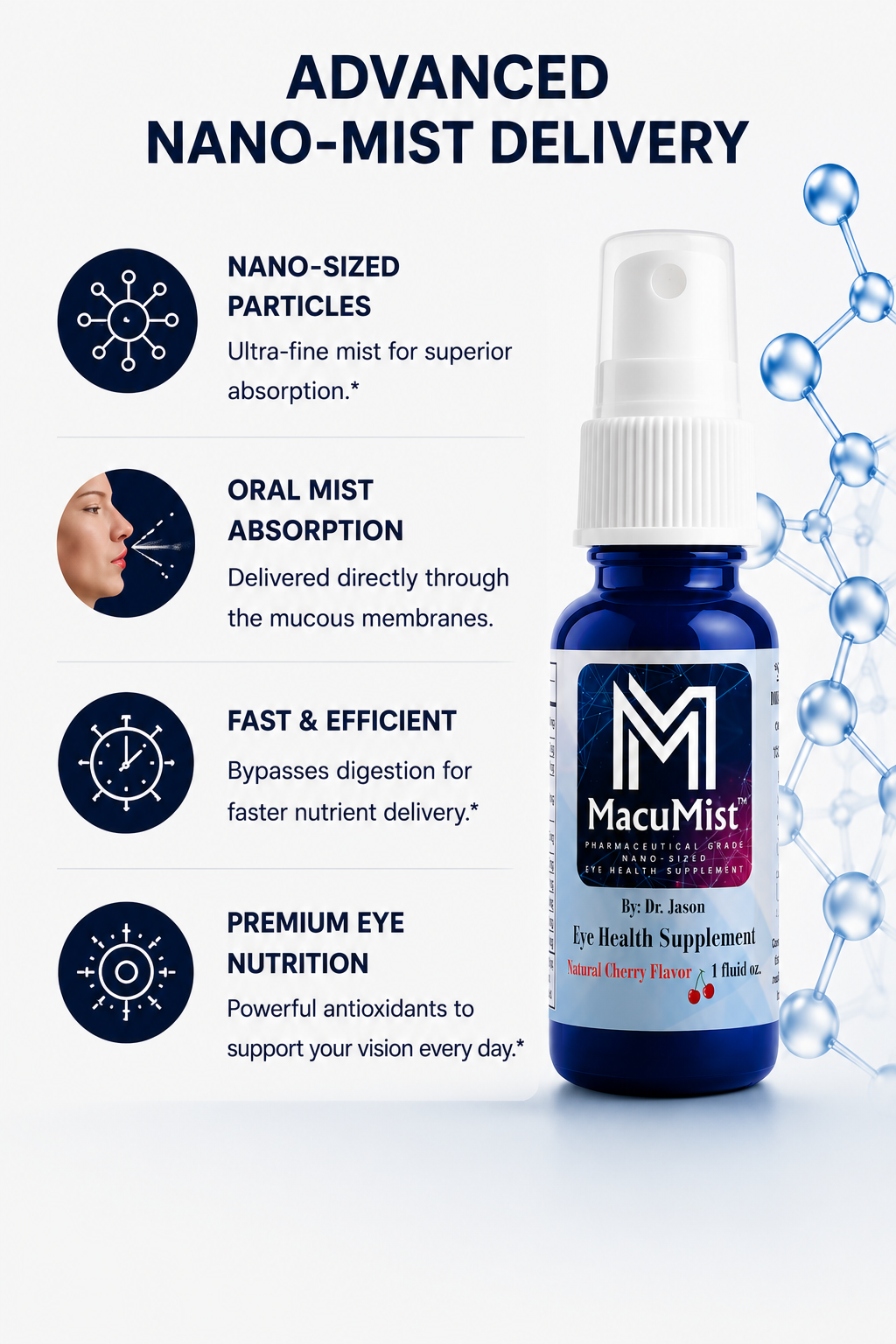 MacuMist eye health supplement bottle with advanced nano-mist delivery features on a white background.