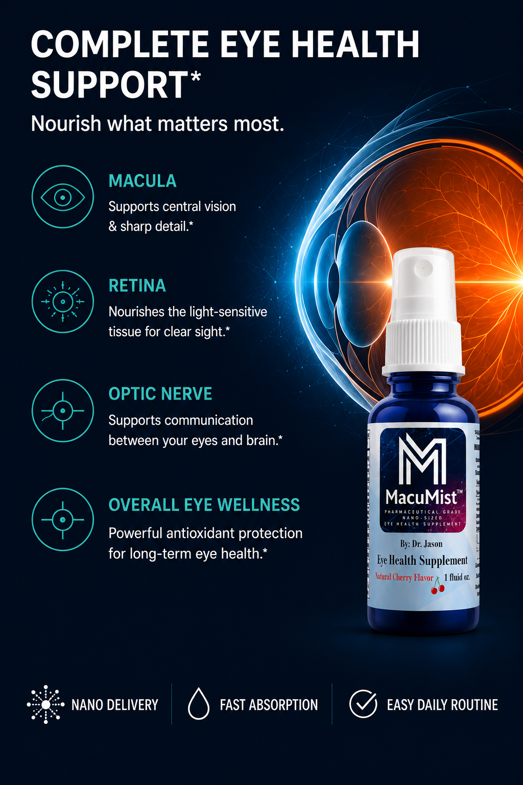 MacuMist eye health supplement bottle with eye health benefits on a dark background
