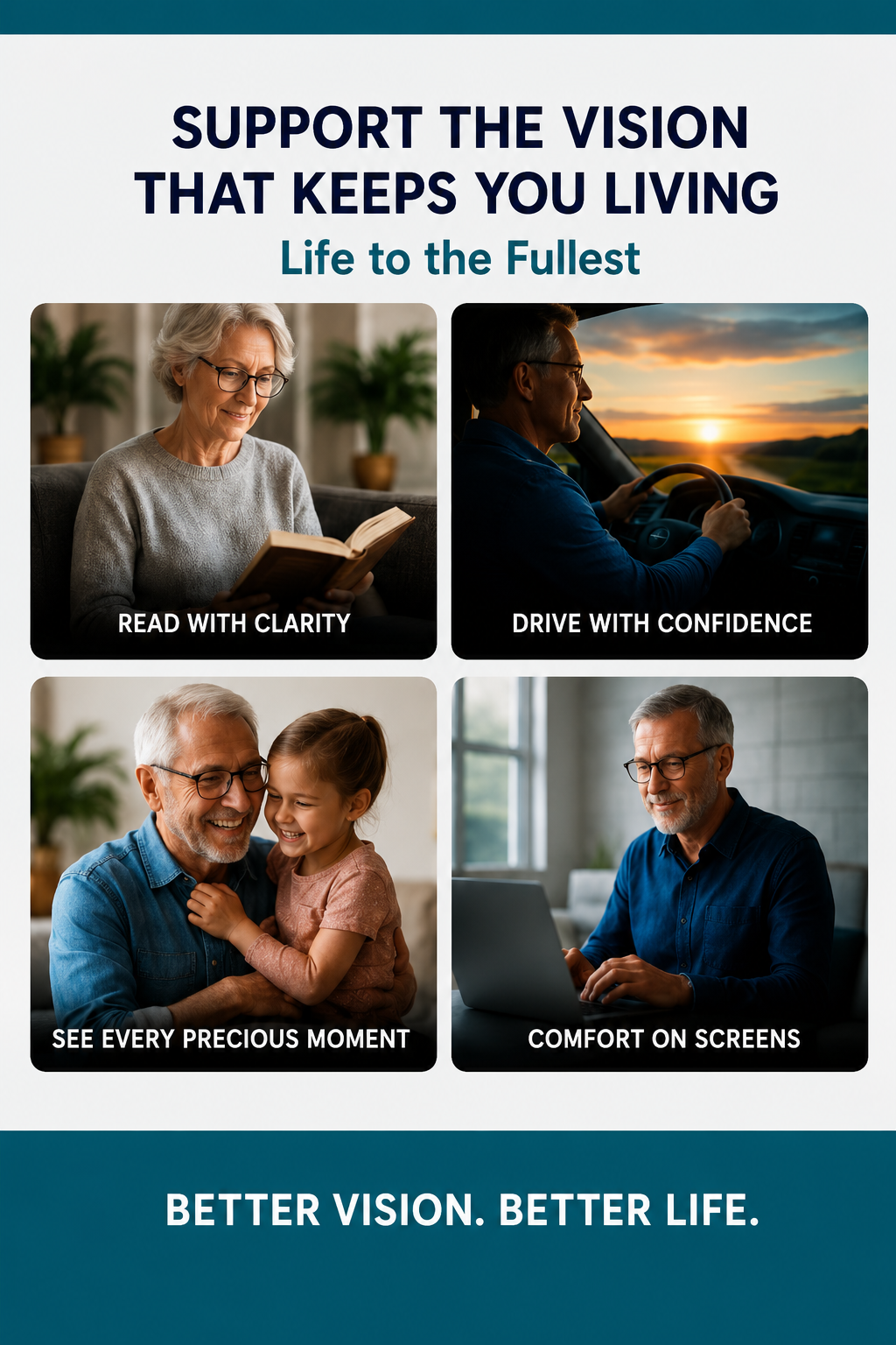 Advertisement for vision care products with four scenes of people using technology, accompanied by text about better vision and life.