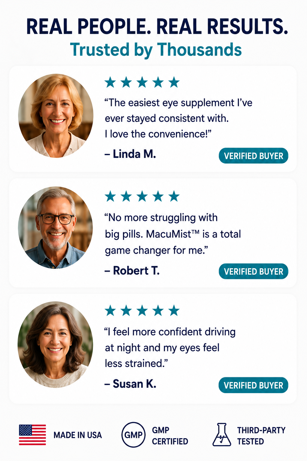 Product advertisement with customer testimonials and brand certifications on a white background