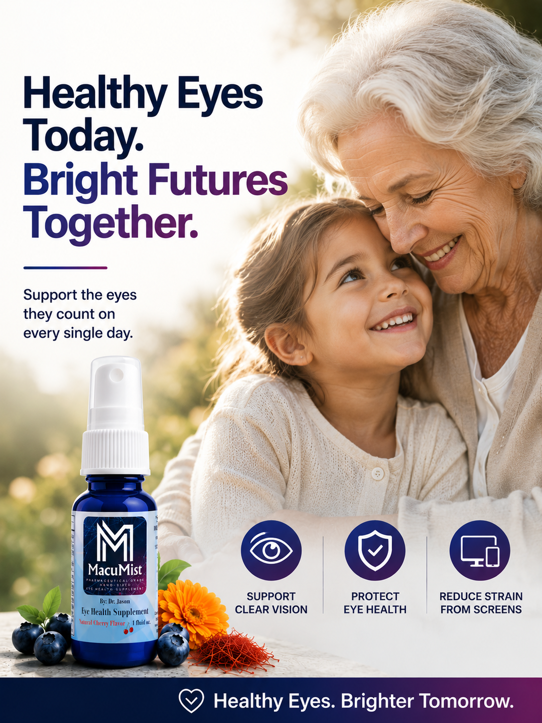 Grandmother and granddaughter with a bottle of MacuMist eye supplement, promoting healthy eyes and future vision.