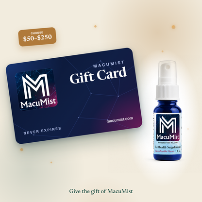 MacuMist gift card, $50 to $250, next to a bottle of MacuMist