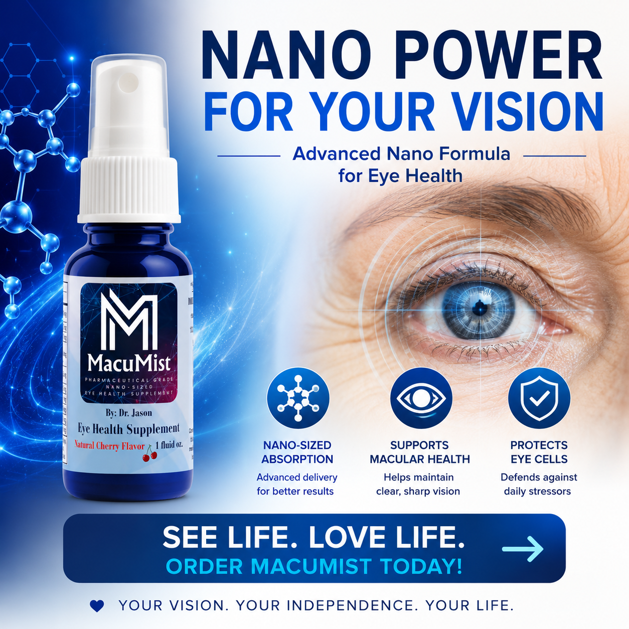 MacuMist eye health supplement bottle with eye close-up and promotional text on a blue background