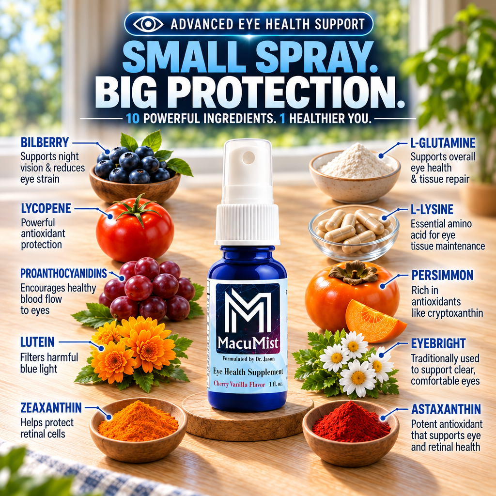 MacuMist Eye Health Supplement spray bottle on a table surrounded by its 10 ingredients, including bilberries, tomato, grapes, marigolds, persimmon and eyebright flowers