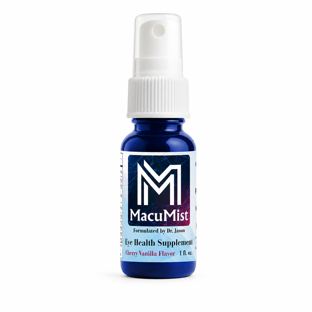 MacuMist eye health supplement bottle, Cherry Vanilla flavor, 1 fl oz, on white background